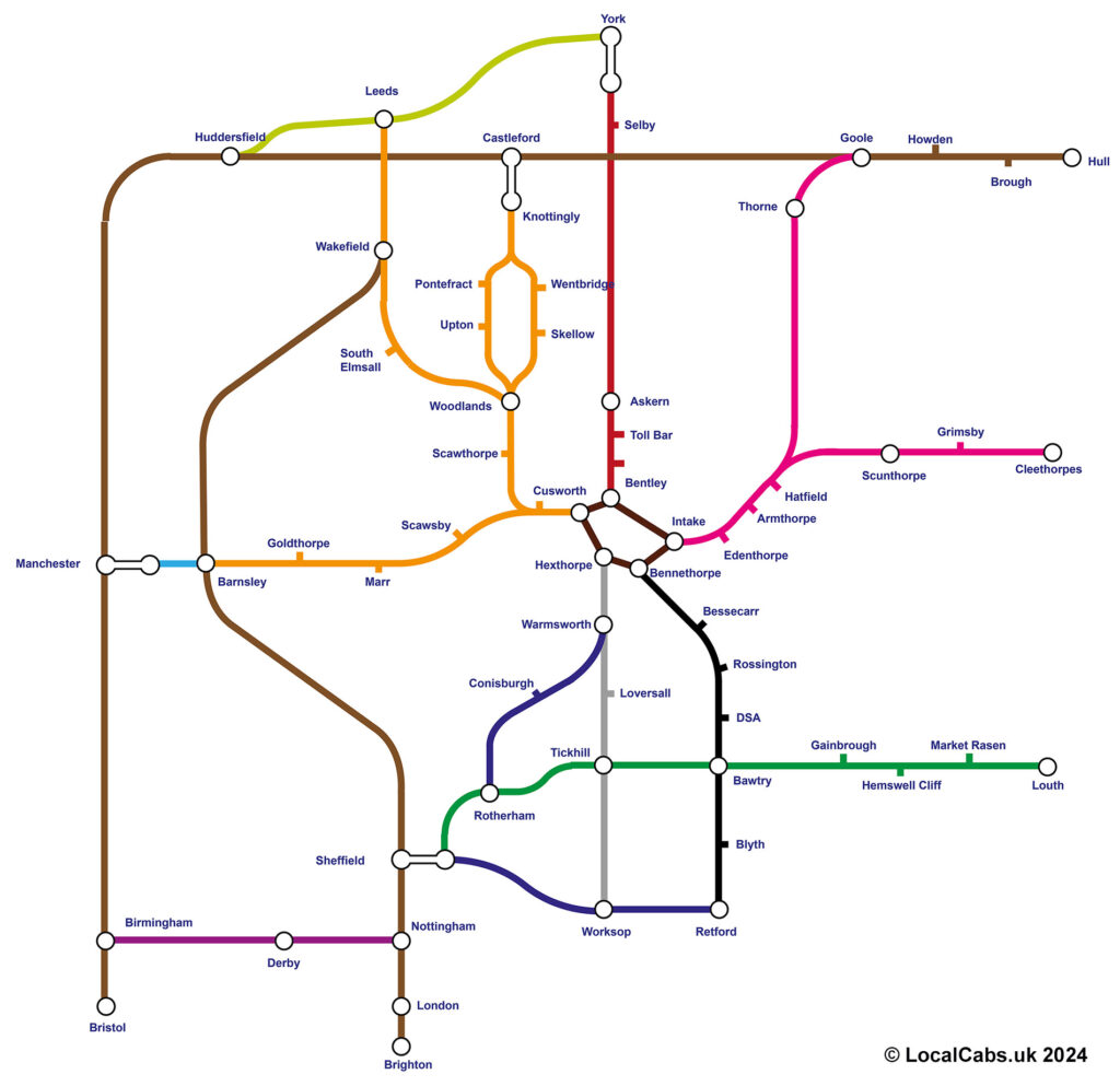 A road network map based on the Underground style of mapping to show how Doncaster connects to its local area, region and the rest of the UK